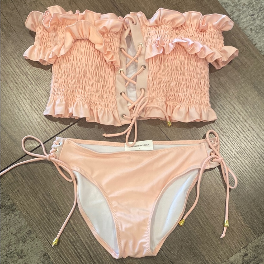 GOODNIGHT MACAROON Pink Ruffled Off-Shoulder Bikini Set NWT, Sz L